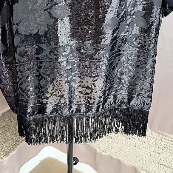 BASICALLY ME Black Fringed Semi‎ Sheer Velveteen Oversized Blouse S/M - Picture 7 of 9